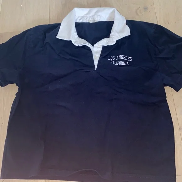 John Galt Brandy Melville Blue Los Angeles Crop Polo Shirt Small - Picture 2 of 3